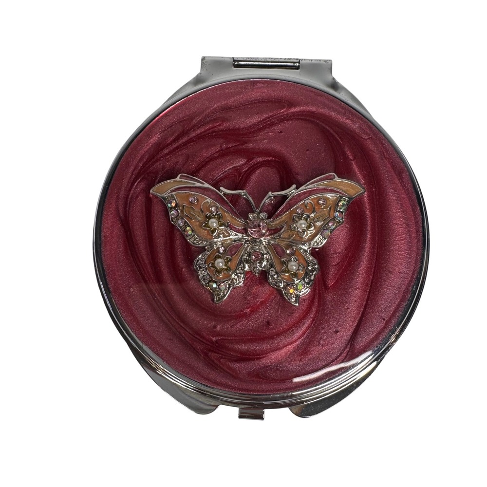 NWT Neiman Marcus Fairycore Jeweled Butterfly Compact Mirror Red Silver Tone - Picture 2 of 8